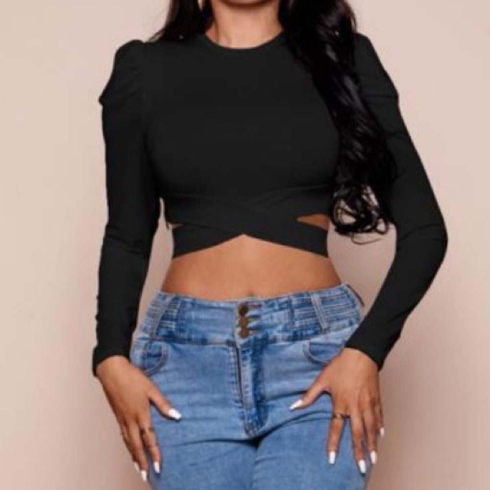 Shein Black Long Sleeve Puff Shoulders Criss Cross Crop Top Large - Picture 3 of 9